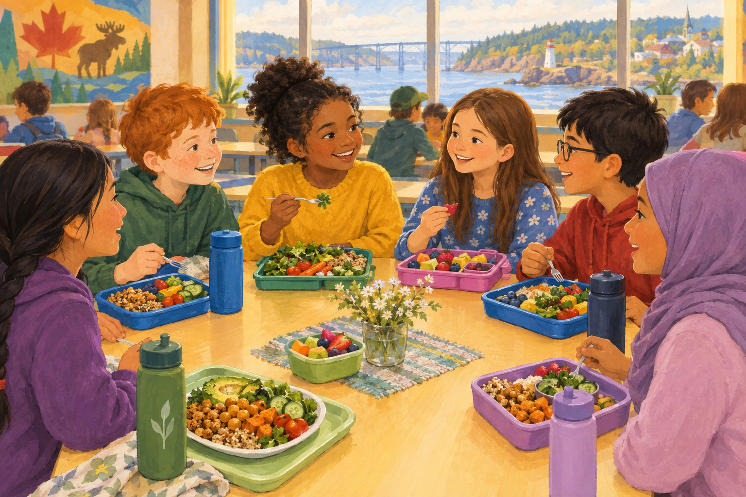 New Brunswick schoolchildren share healthy lunches together at a welcoming cafeteria table.