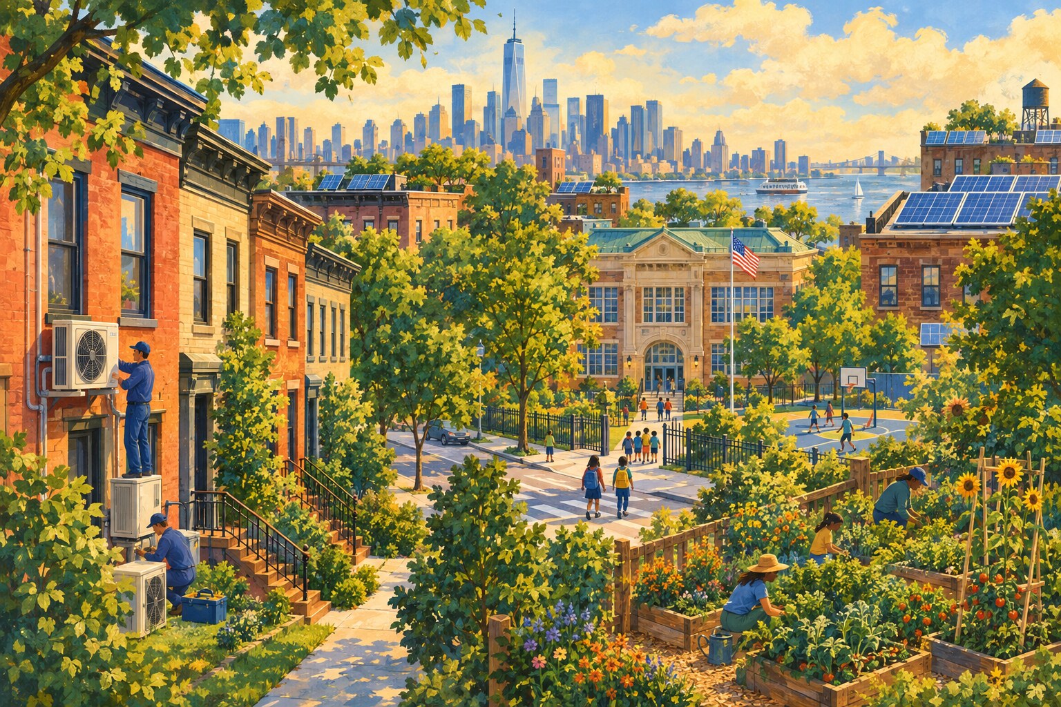 A New York neighborhood with home energy upgrades, rooftop solar, and a greener public school.