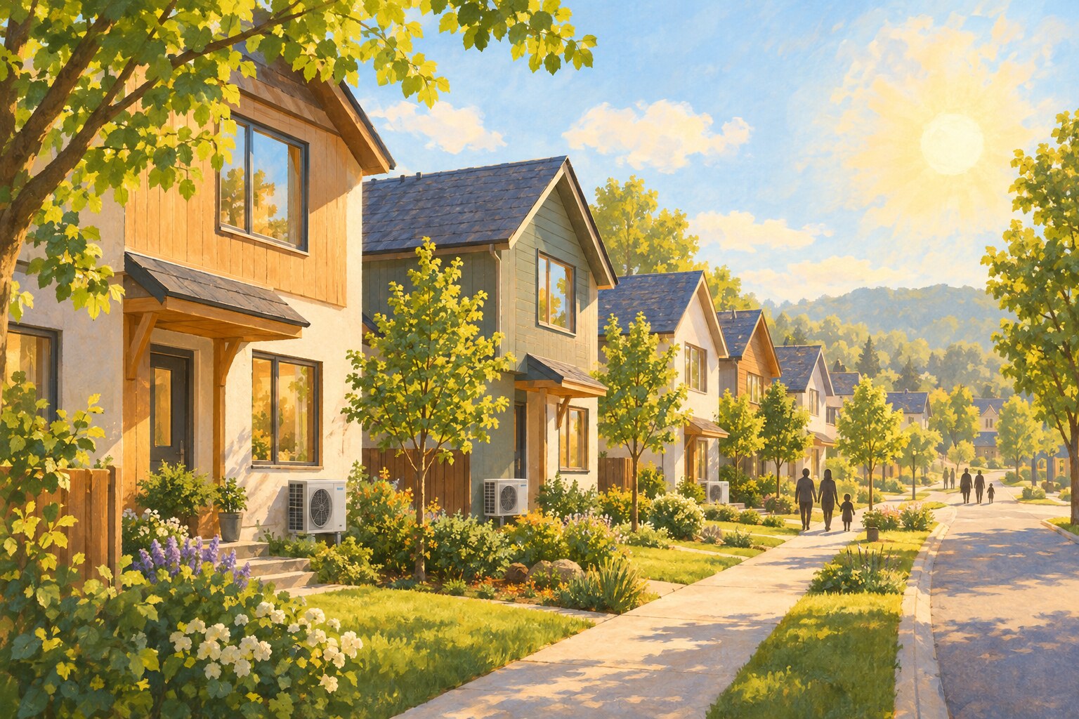 New homes with energy-saving technology and leafy surroundings.