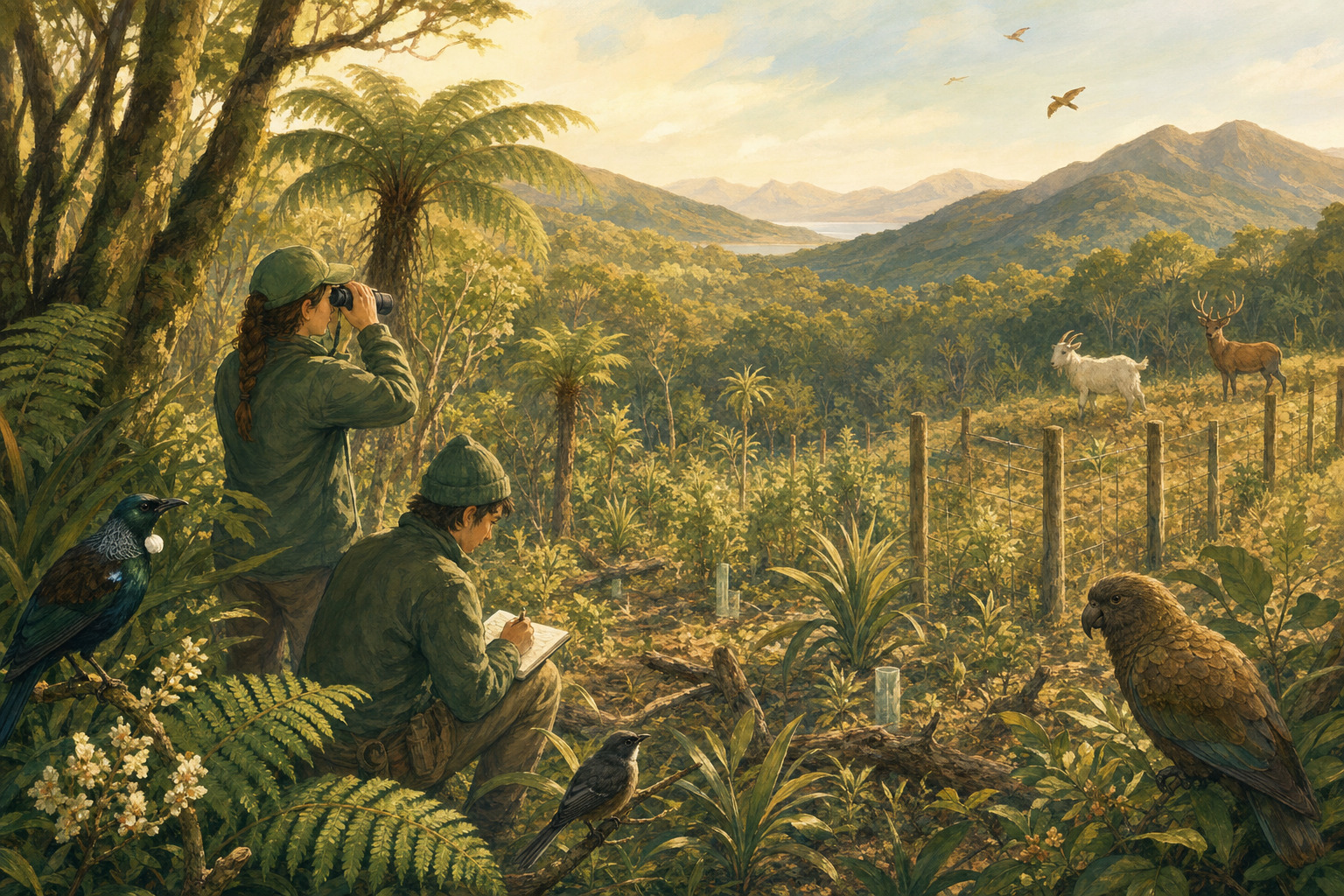 Conservation workers protect a New Zealand forest where native plants and birds are recovering.