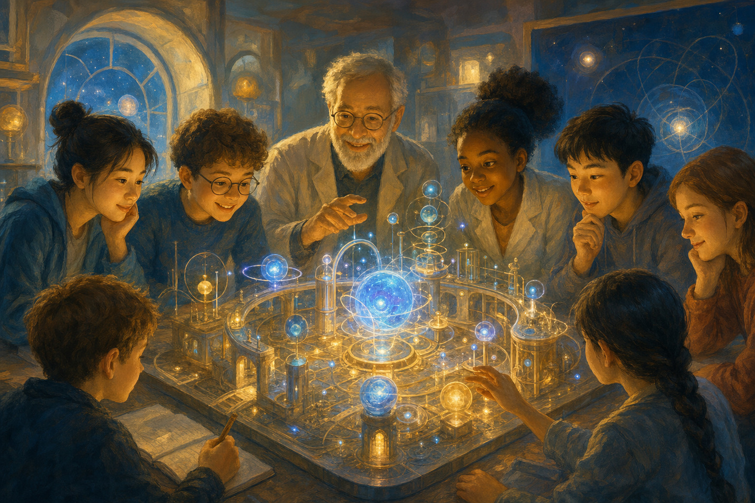 Scientists and students gather around a glowing model in a quantum research lab.
