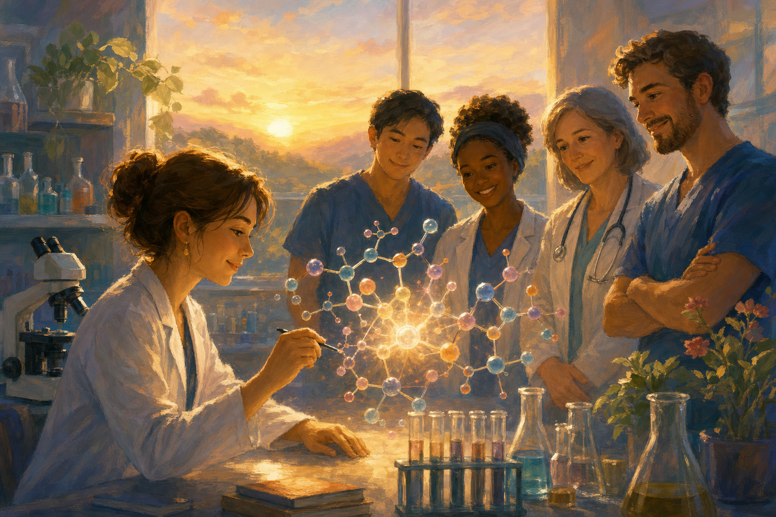 Researchers studying a personalized molecular pattern in a bright laboratory.