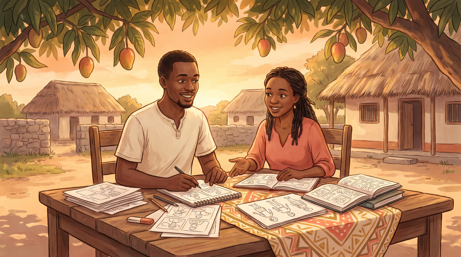 A small team working together at a wooden table under a mango tree, sketching storyboards and reviewing pages together.