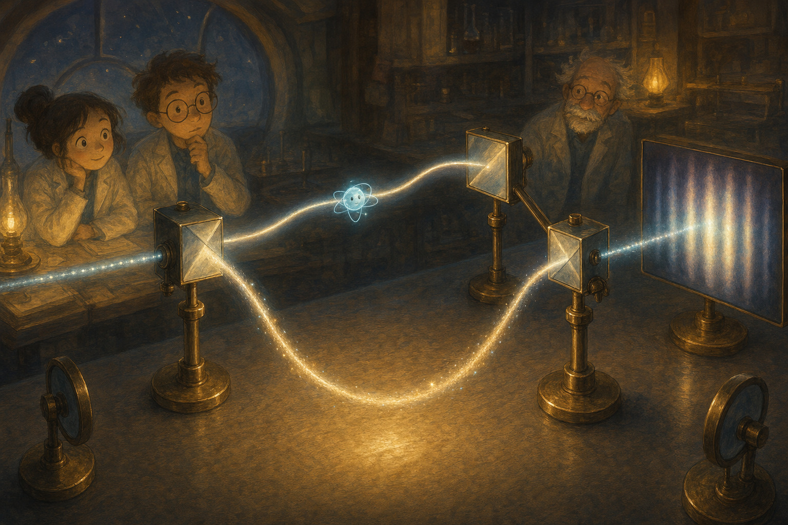 A glowing atom follows two paths in a gentle illustration of a quantum experiment.