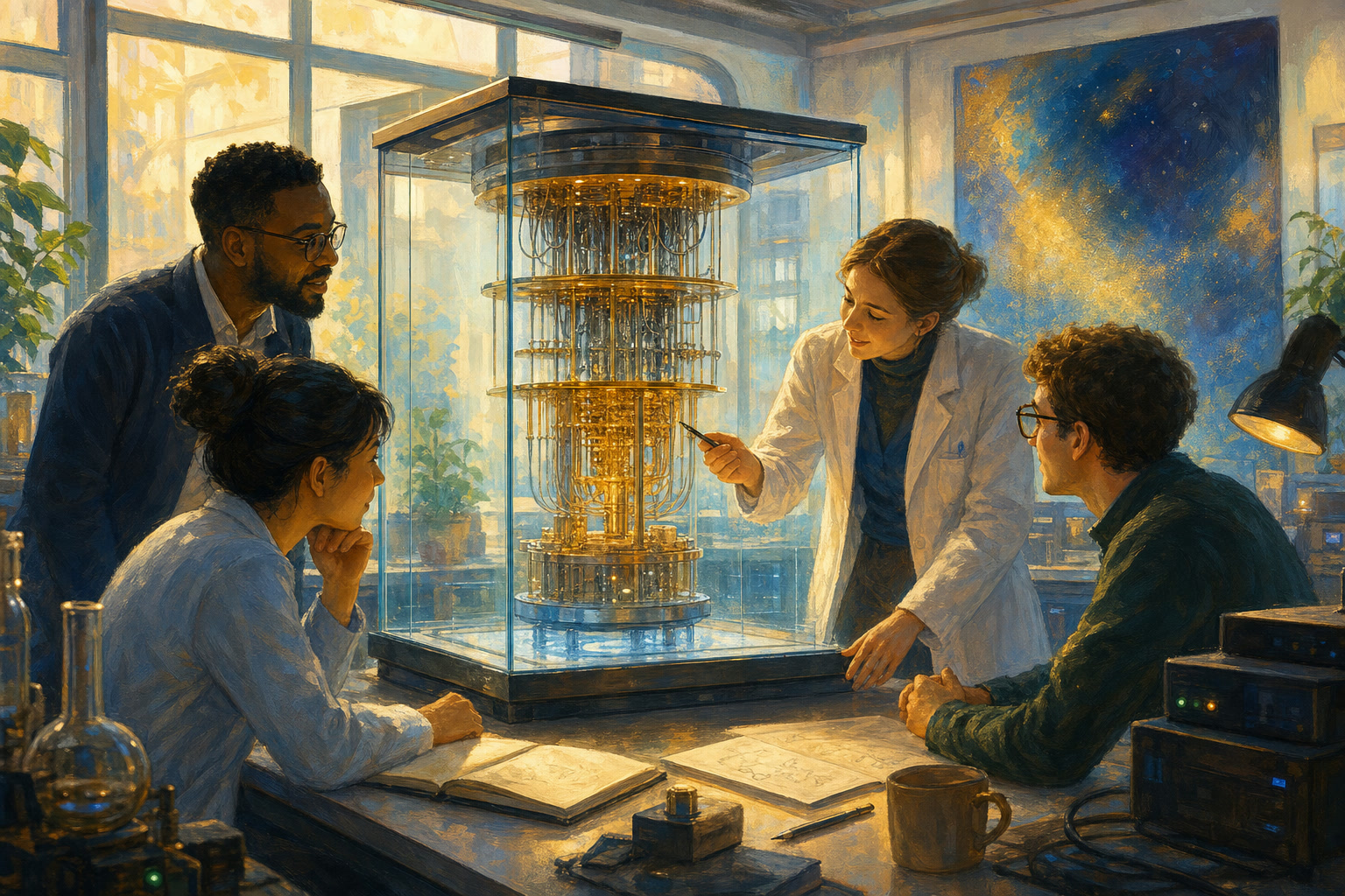 Researchers study a small quantum computer in an open university laboratory.