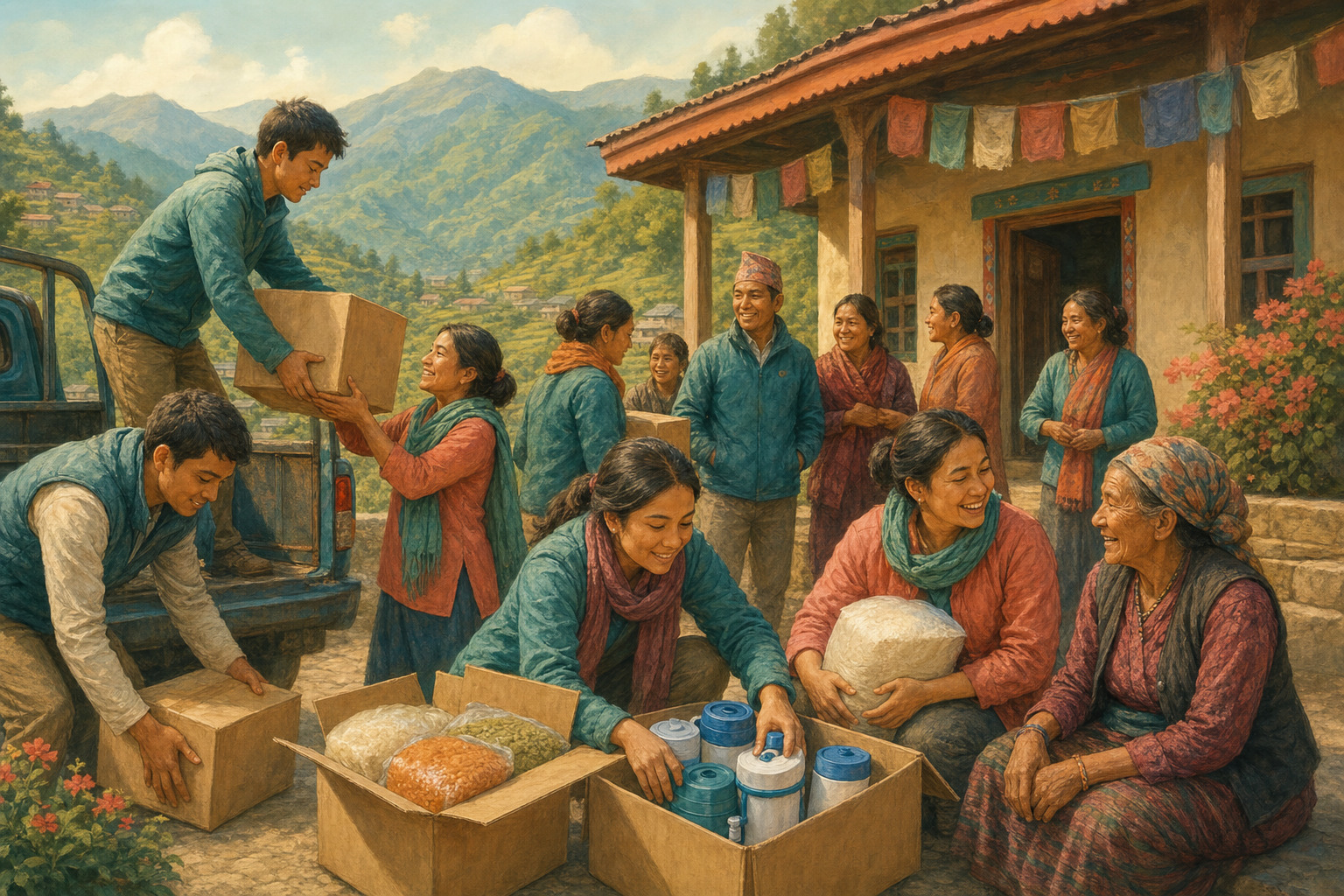 Humanitarian workers deliver food and water filters beside a community center in Nepal.