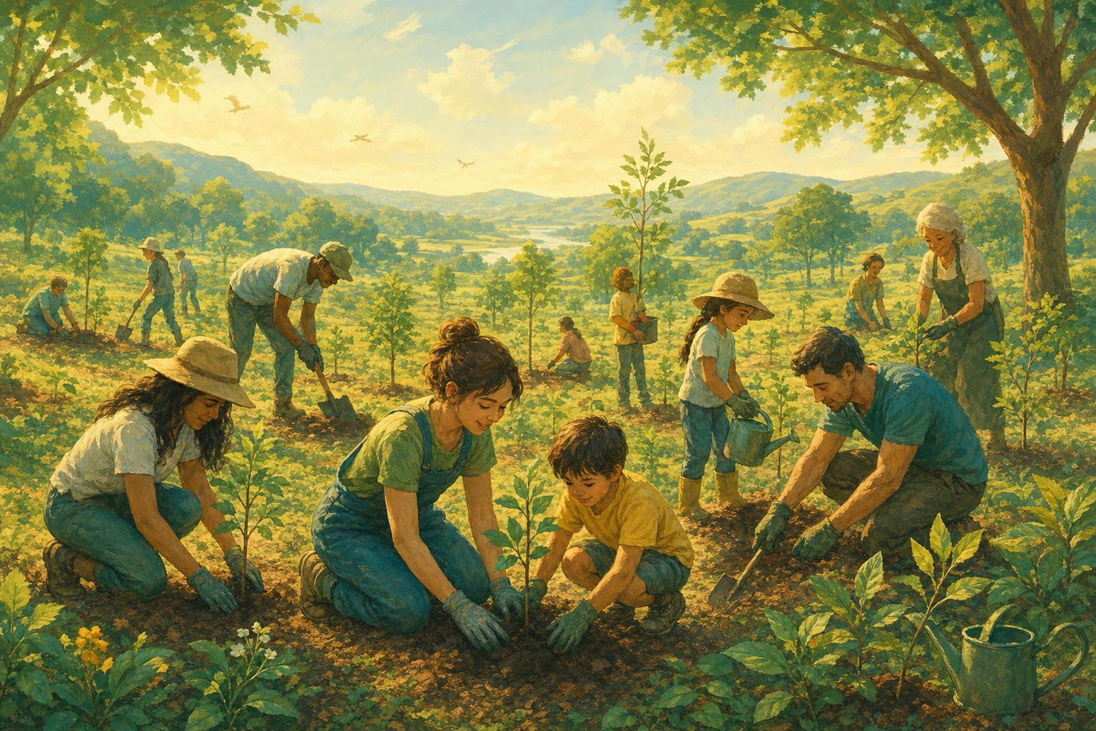 Community members planting young trees in a sunny landscape.