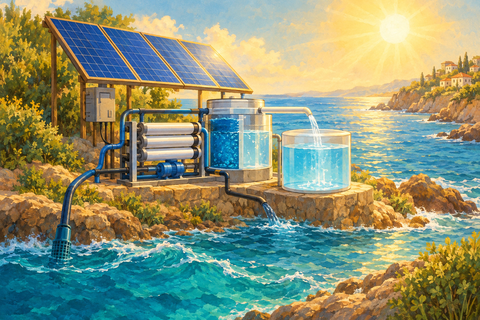 A solar research panel makes fresh water from seawater while collecting salt crystals.