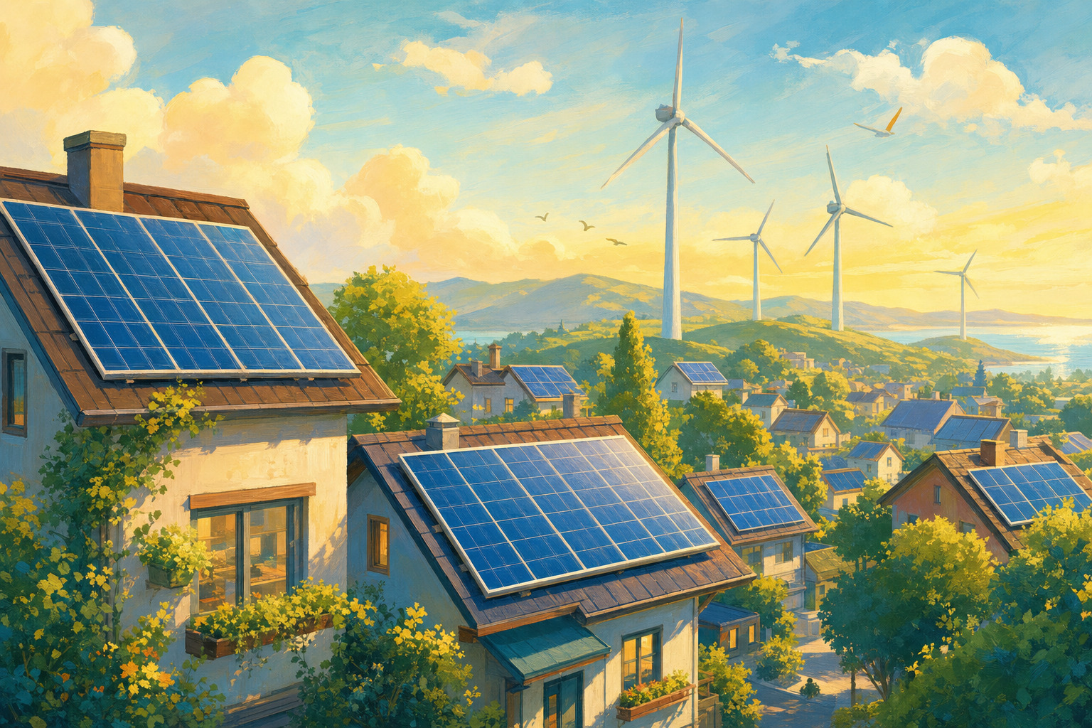 Solar panels shine on rooftops in a South Korean neighborhood.