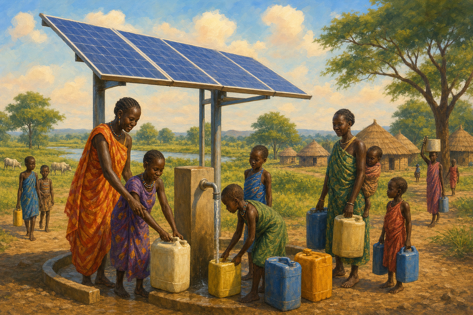 Families collecting clean water near a solar-powered station in South Sudan.