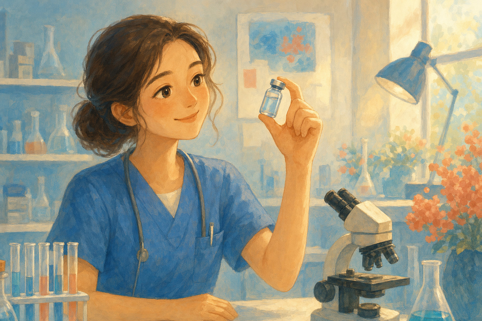 Scientists working together on a vaccine study in a bright research room.
