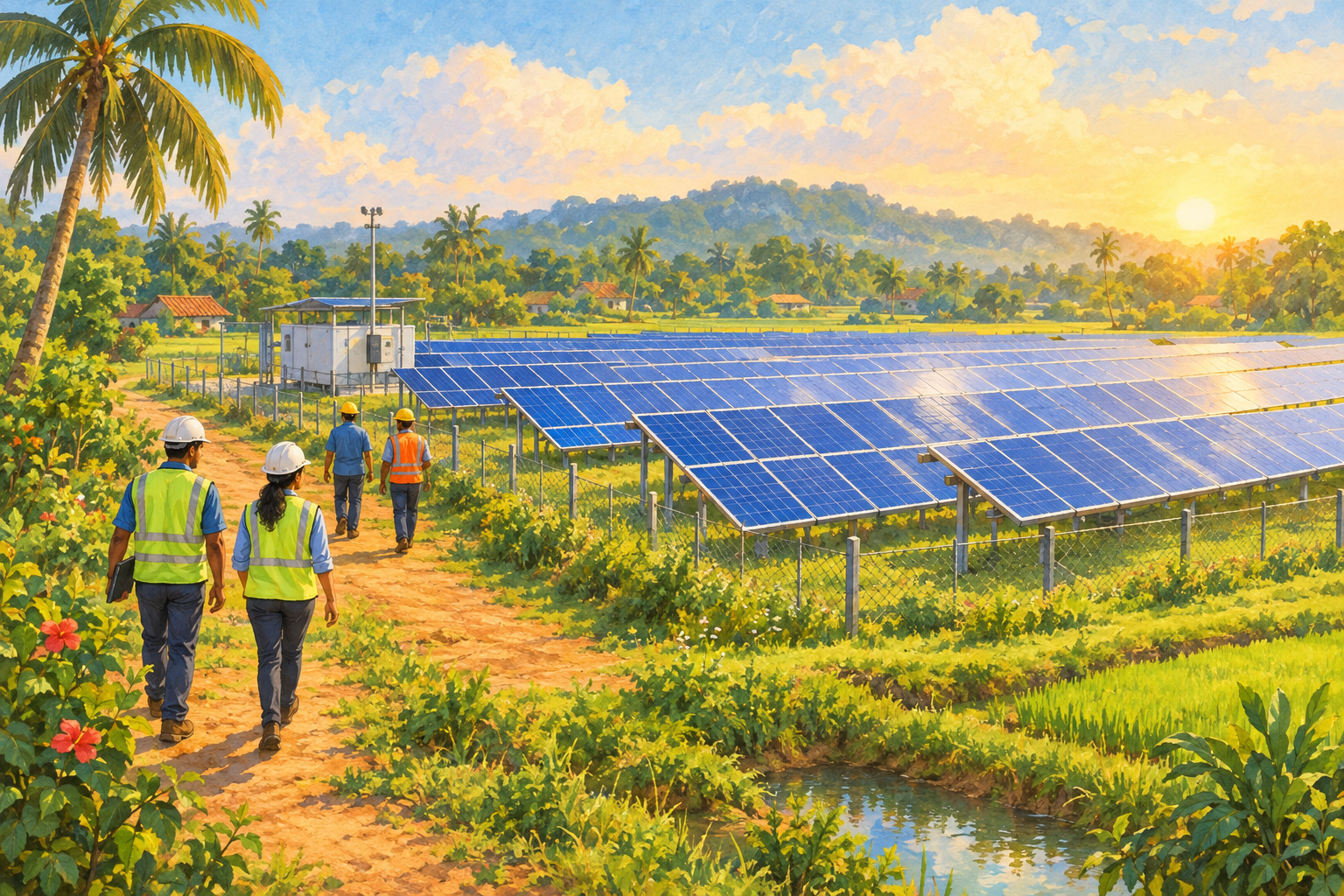 Rows of solar panels shine beside green fields at a new solar project in Veyangoda, Sri Lanka.
