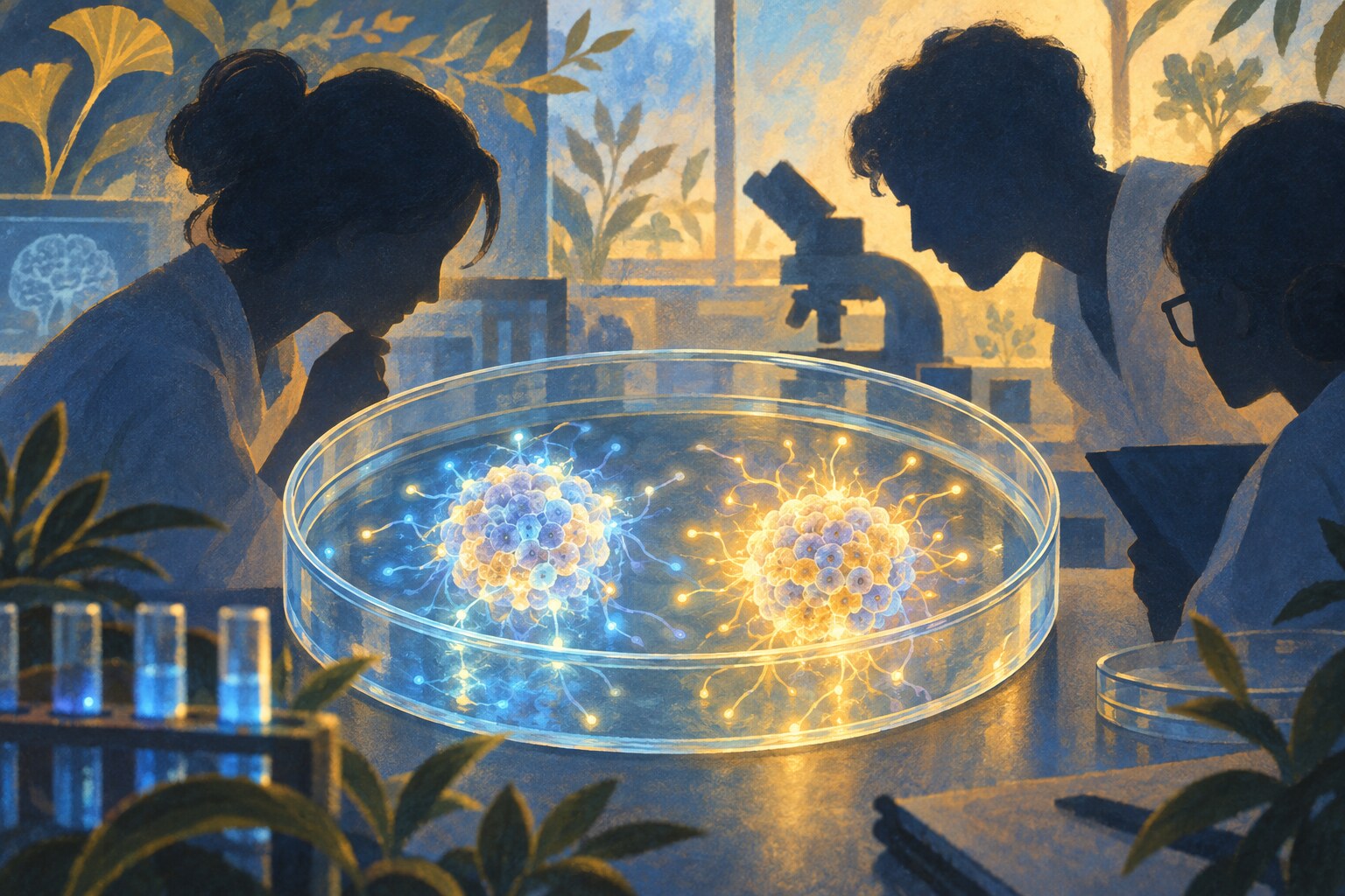 A laboratory team studying two developmental paths of brain cells in a dish.