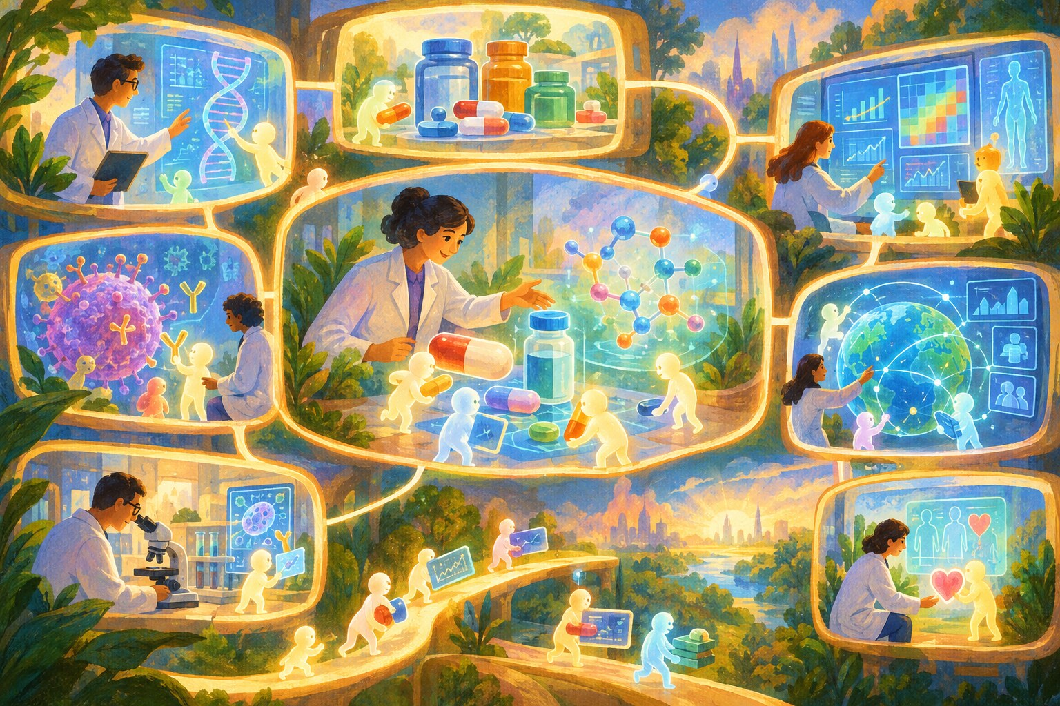 Researchers guiding a virtual laboratory of AI helpers studying medicines and clinical trials.