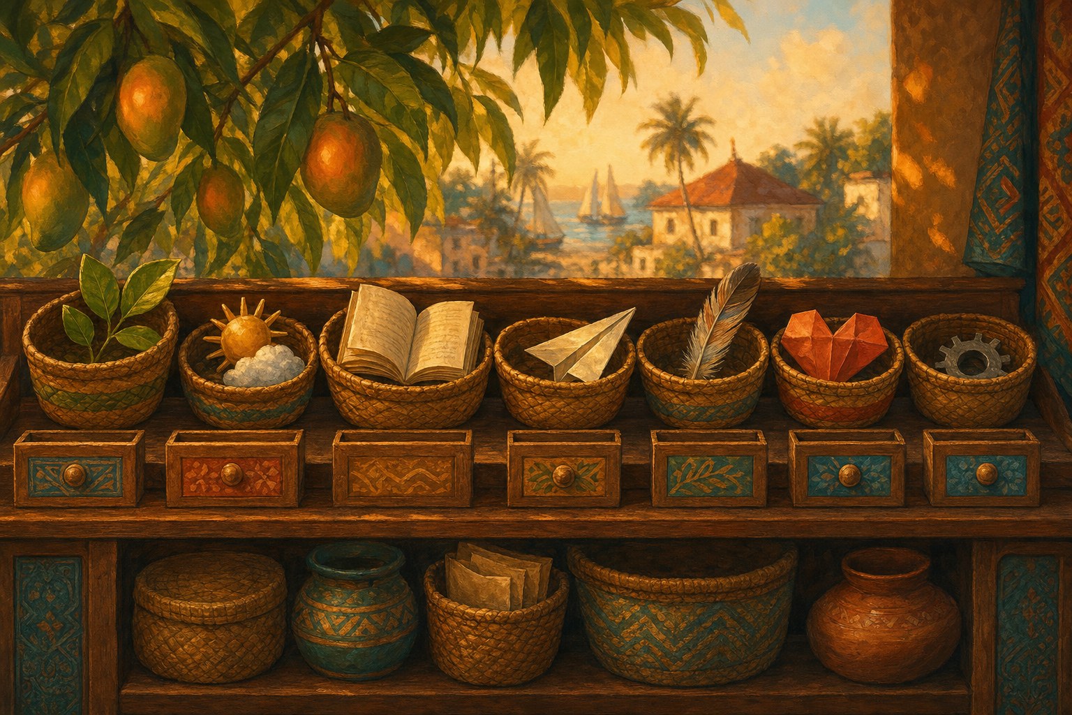 A warm illustrated wooden shelf with woven baskets holding small symbolic objects for different story topics, beneath a mango tree overlooking a coastal village.
