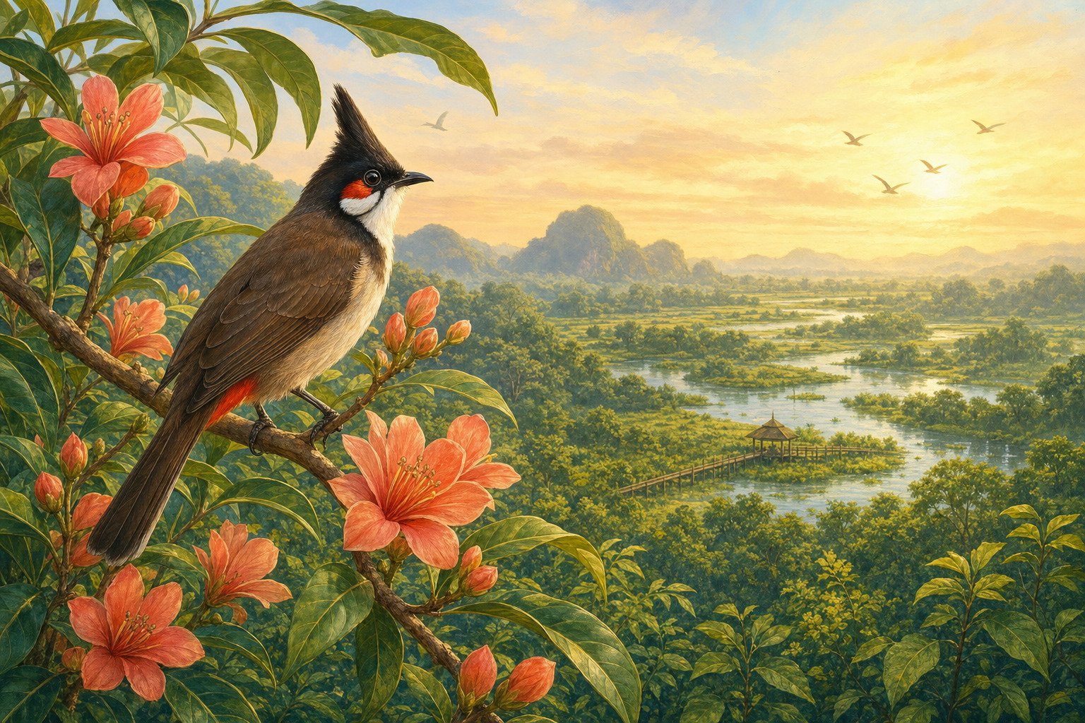 A red-whiskered bulbul rests on a flowering branch above a protected Thai forest.