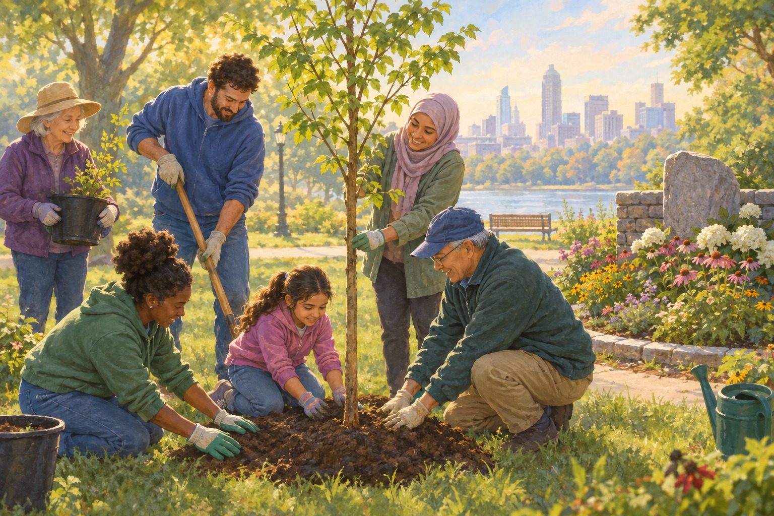 Volunteers plant a young tree in a city park as part of a remembrance project.