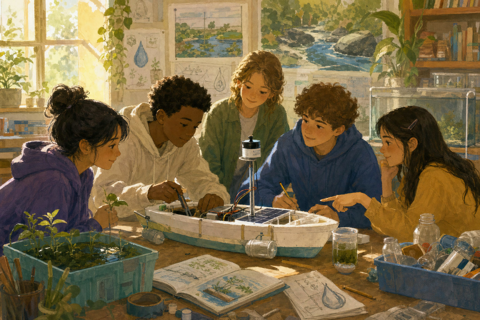 Students working on hands-on science and engineering projects in a classroom.