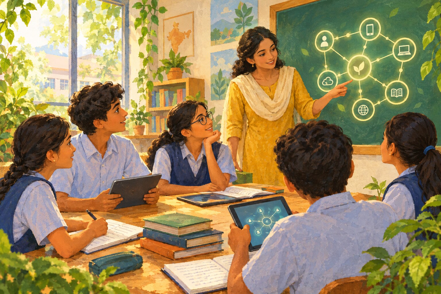 Students learning about artificial intelligence together in a bright classroom in Tripura.