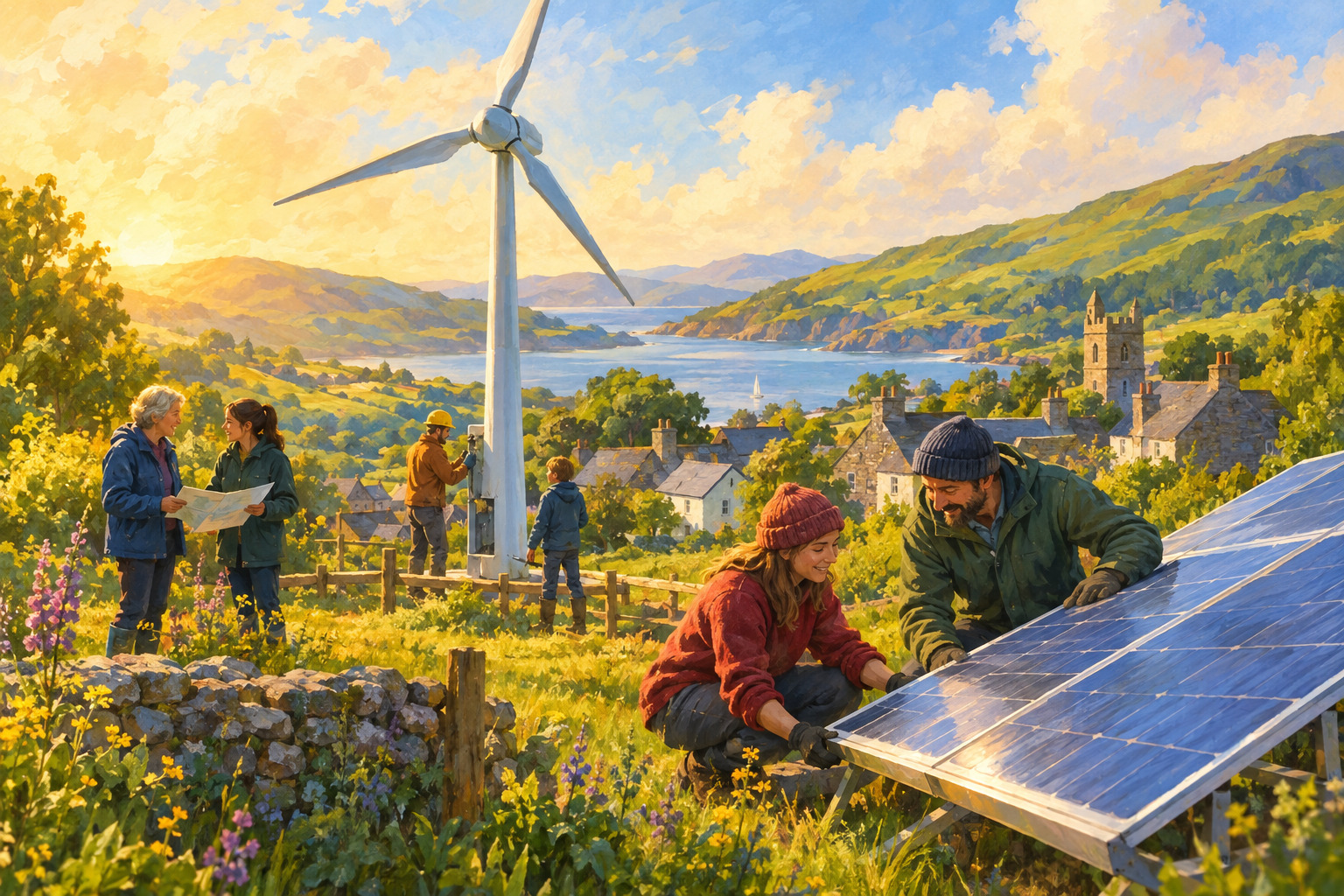 Neighbors planning community solar and wind projects beside a village hall.