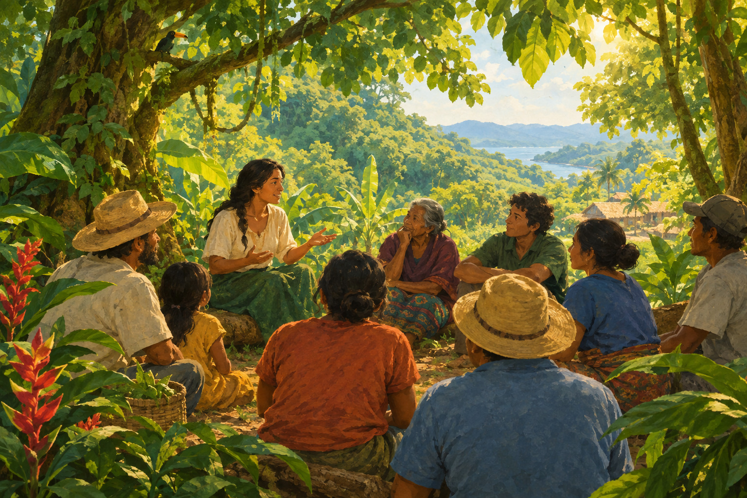 A tropical forest canopy shelters a small community gathering beneath the trees.