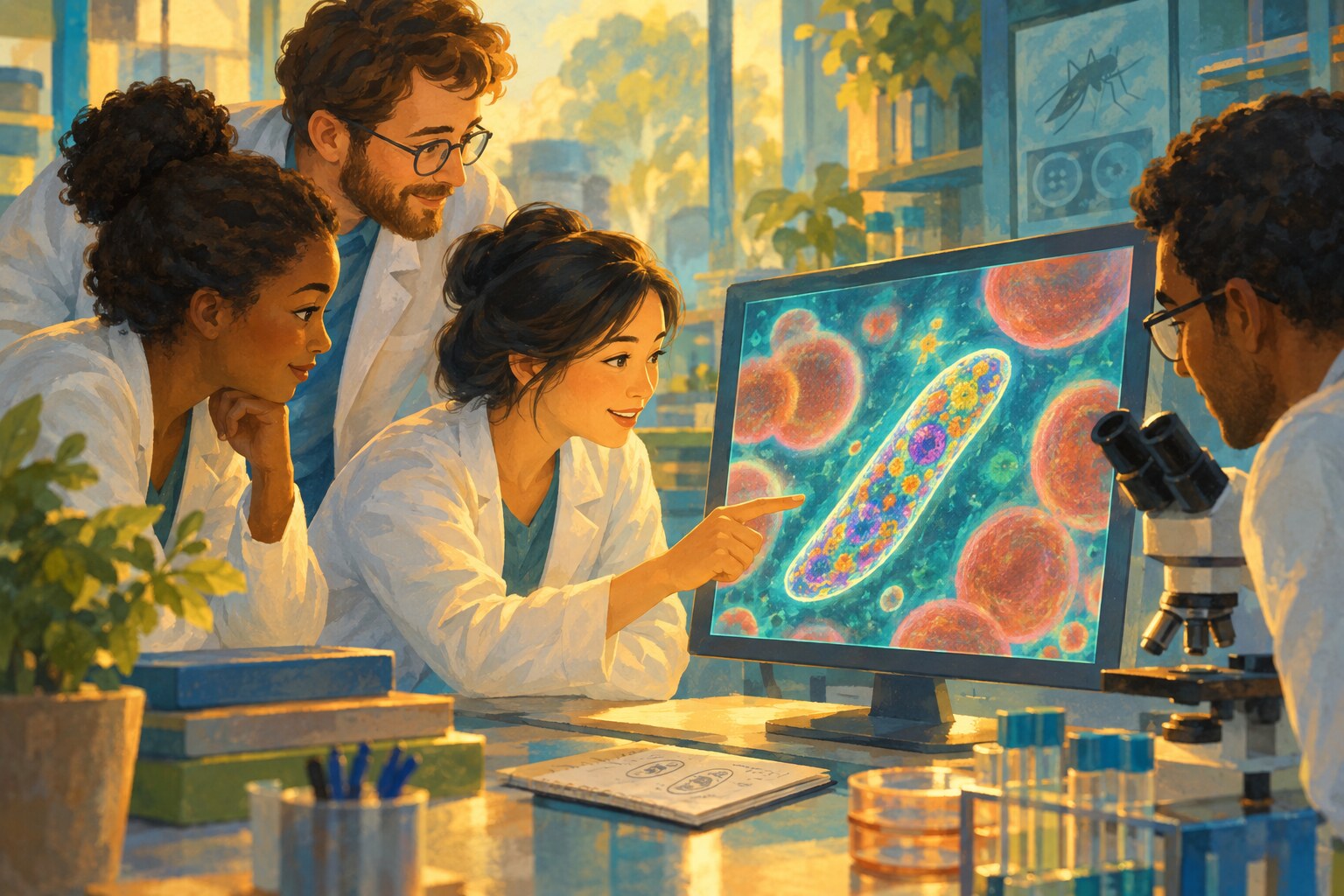 Scientists study a malaria parasite on a laboratory screen.