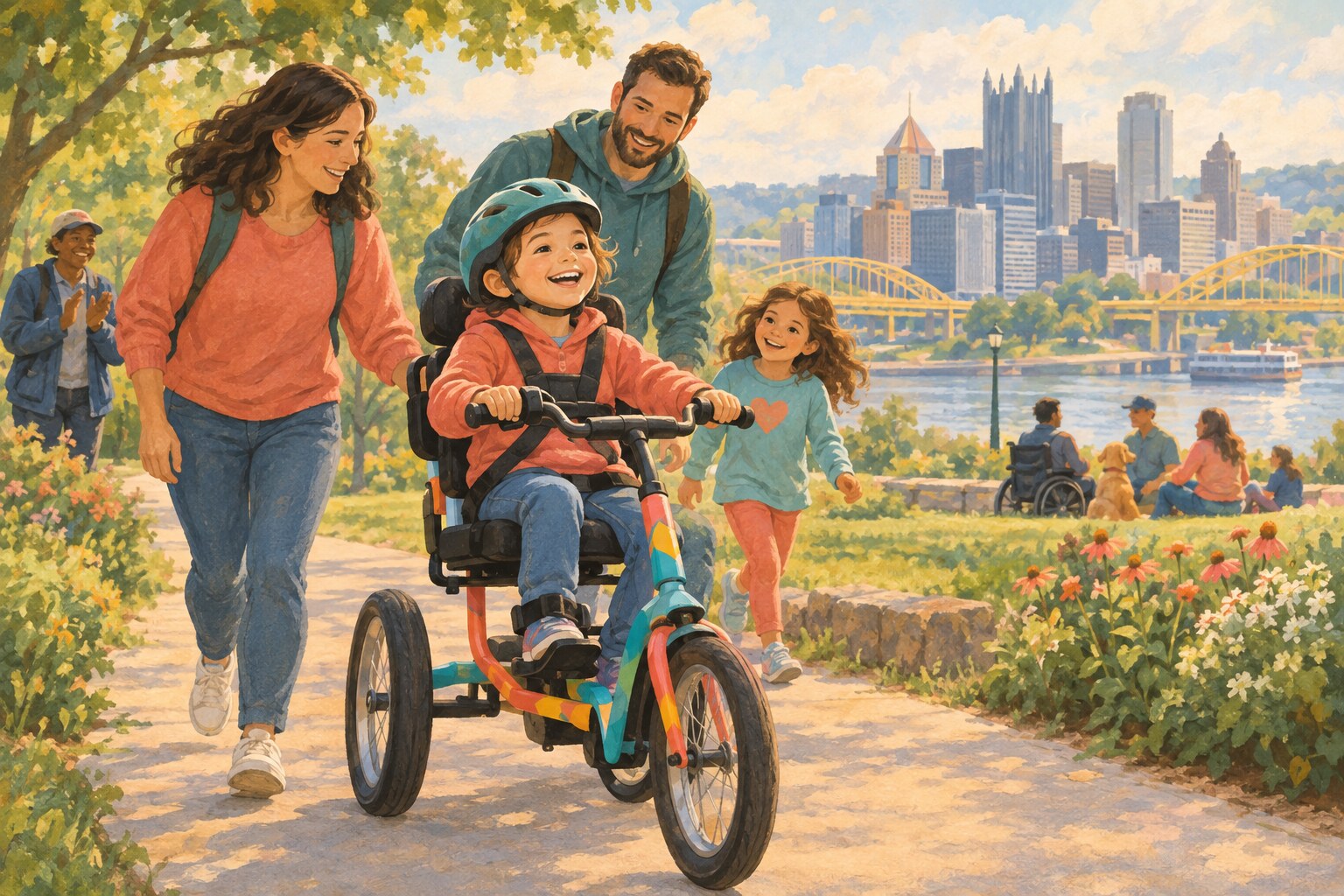 A child rides an adaptive bicycle while family members cheer in a sunny park.