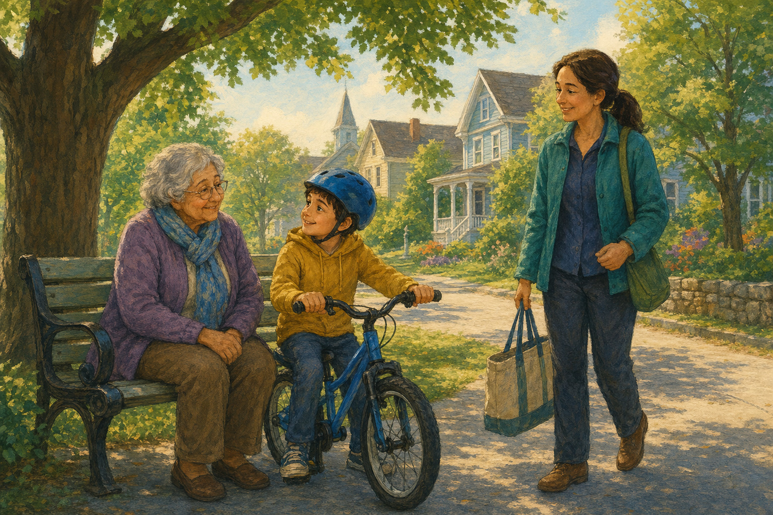 A child stays beside an older neighbor while help is called.