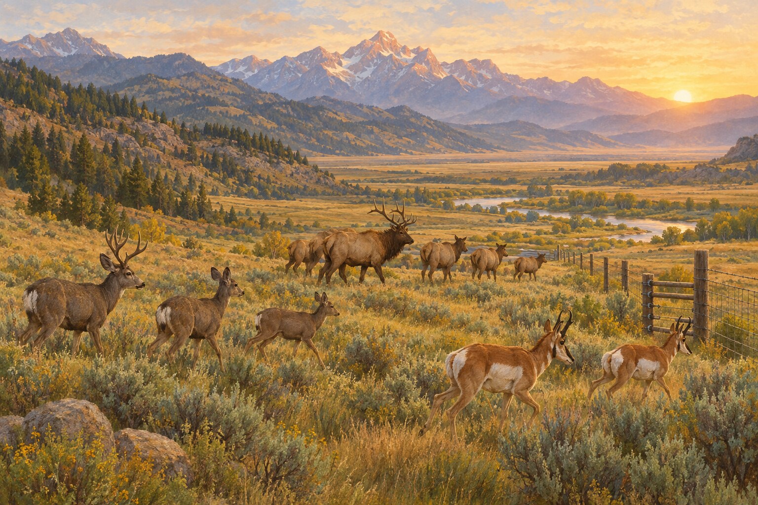 Western wildlife move through a broad valley with connected habitat and wildlife-friendly fencing.
