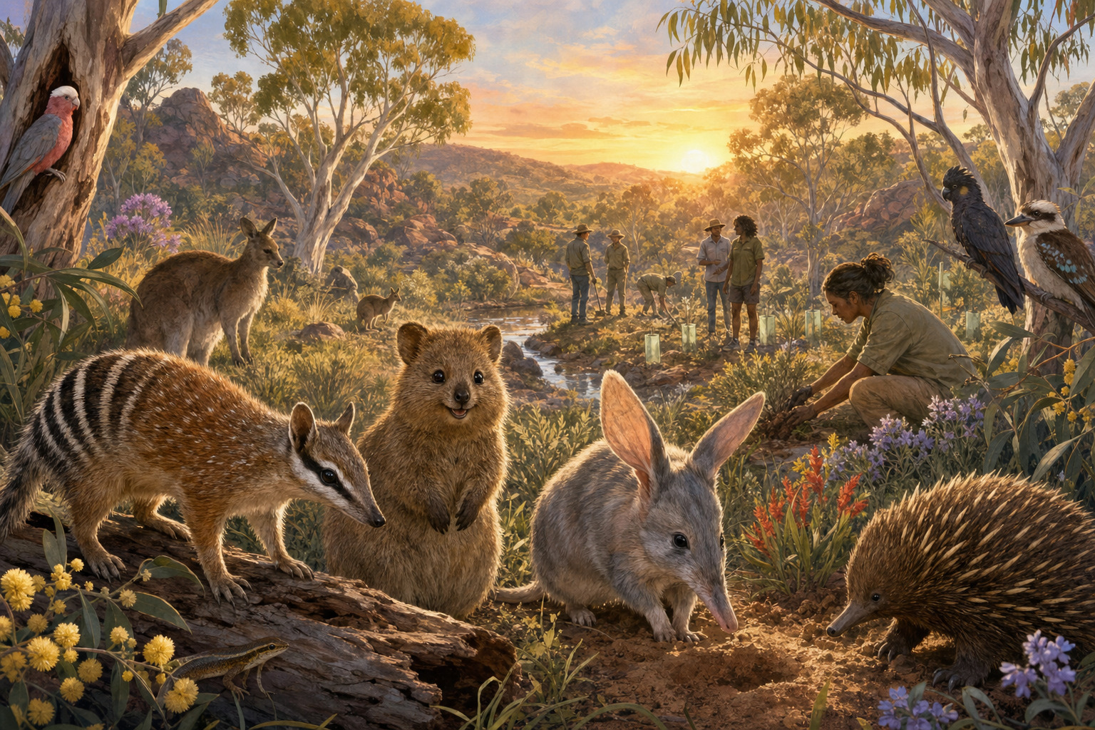 Australian native animals gather in a healthy woodland protected by conservation workers.