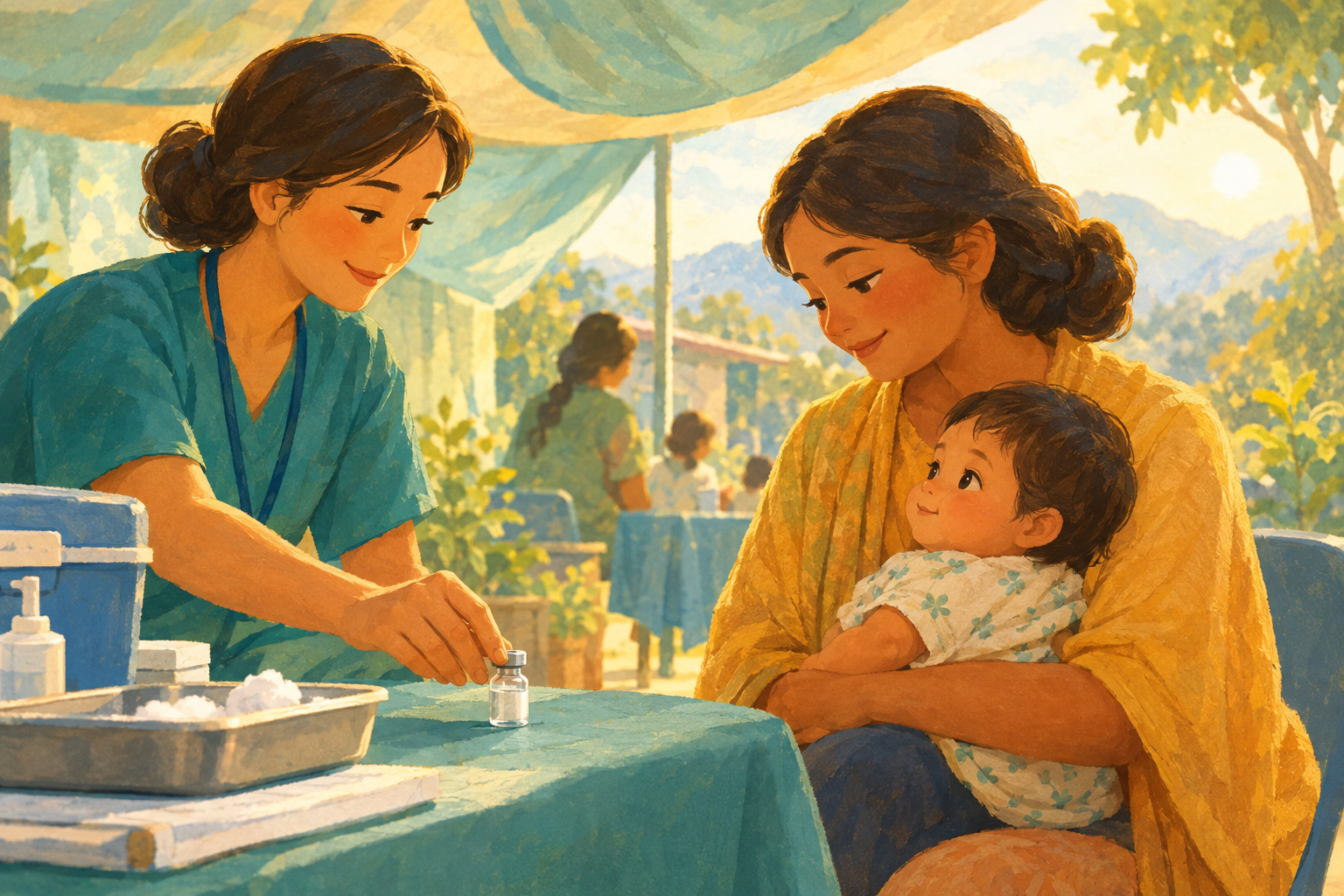 A mother and baby sit near a clinic worker and a small vaccine vial in a warm illustrated scene.