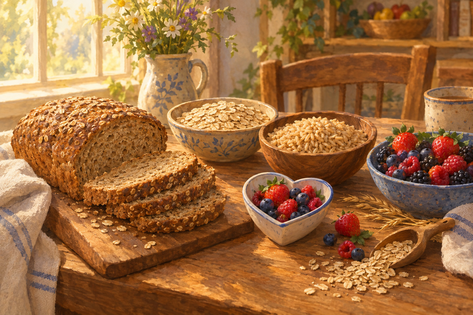 Whole-grain foods such as bread, oats, and brown rice sit on a warm kitchen table.