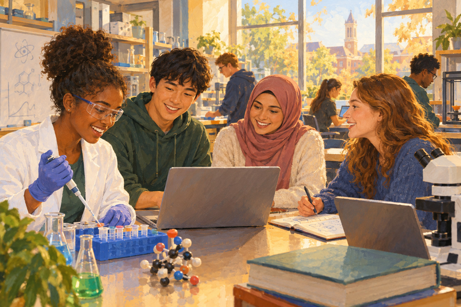 Students build a small robot together with support from a mentor in a welcoming classroom.